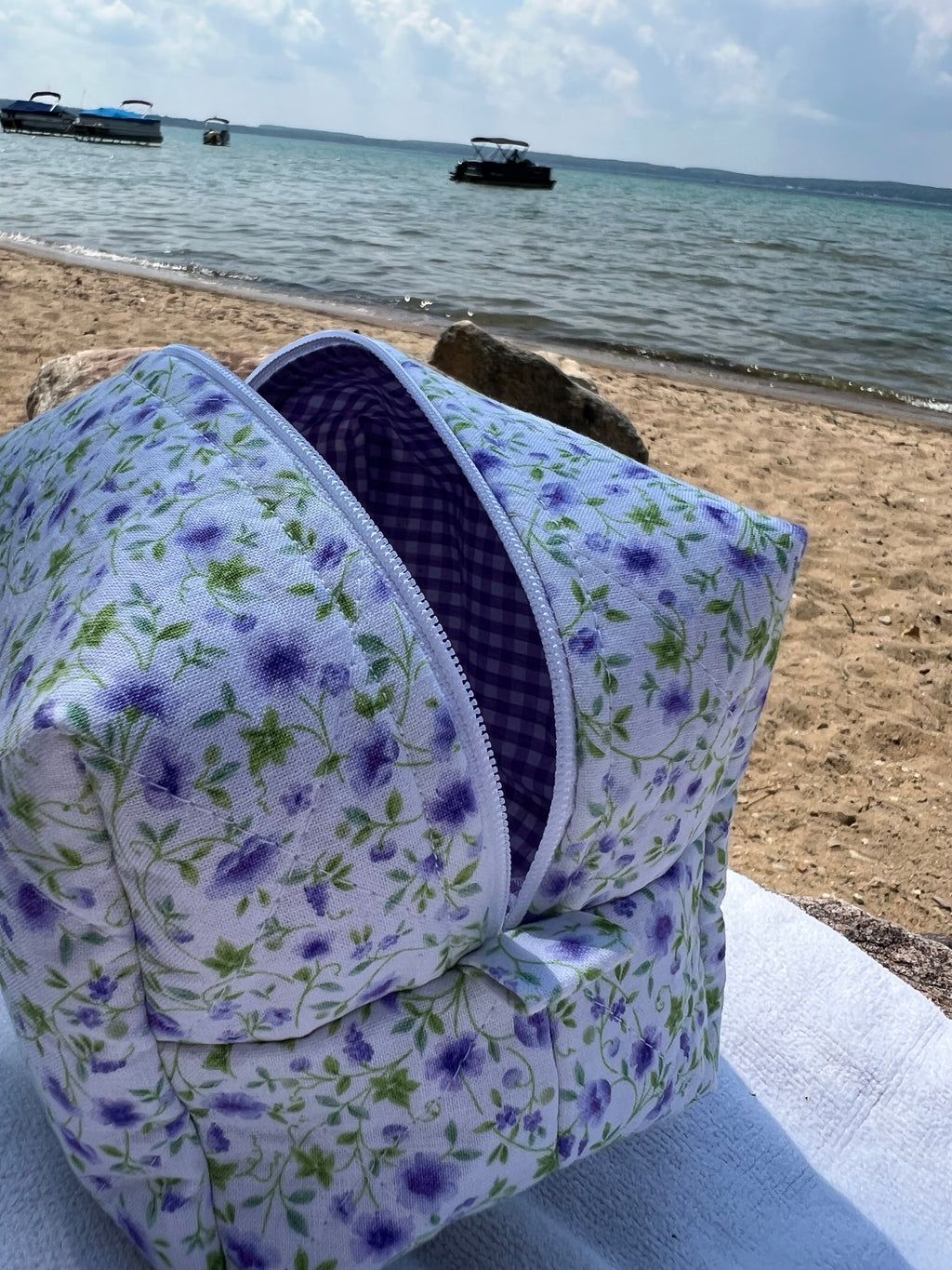 Purple gingham floral Makeup Bags
