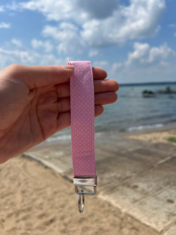 Pink polka dot wristlet